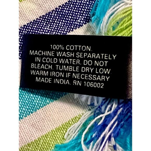 Max Studio Home Tablecloth Blue/Aqua/Green Striped Fringed 54 X 104 100% Cotton - Picture 5 of 10
